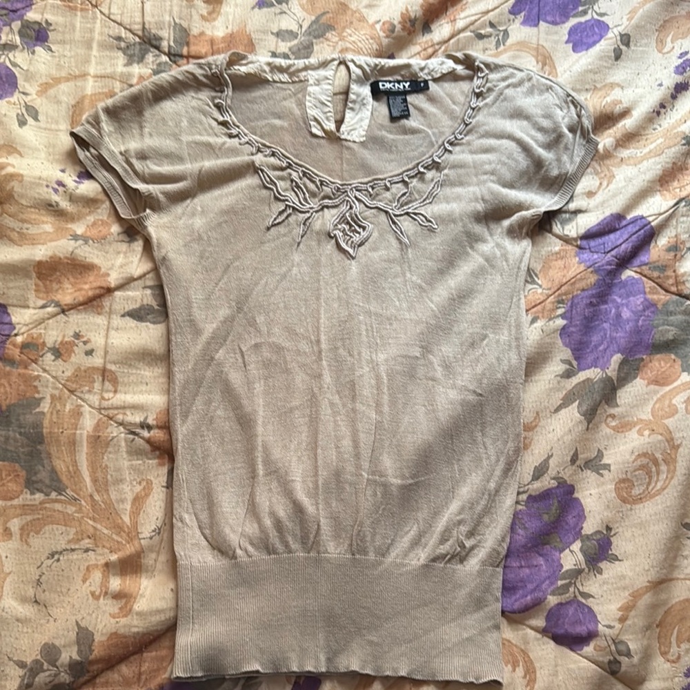 DKNY Women's Taupe Blouse with Decorative Neckline